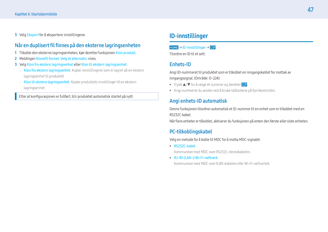 Samsung LH55PHFPBGC/EN, LH49PMFPBGC/EN manual ID-innstillinger, Enhets-ID, Angi enhets-ID automatisk, PC-tilkoblingskabel 