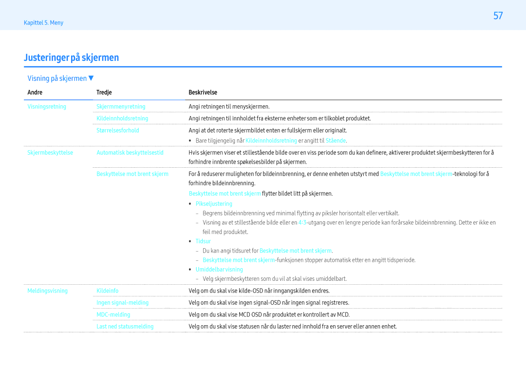 Samsung LH43PHFPBGC/EN, LH49PMFPBGC/EN, LH55PHFPMGC/EN, LH55PHFPBGC/EN manual Justeringer på skjermen, Visning på skjermen 