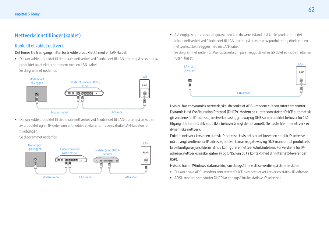 Samsung LH32PMFPBGC/EN, LH49PMFPBGC/EN, LH55PHFPMGC/EN manual Nettverksinnstillinger kablet, Koble til et kablet nettverk 