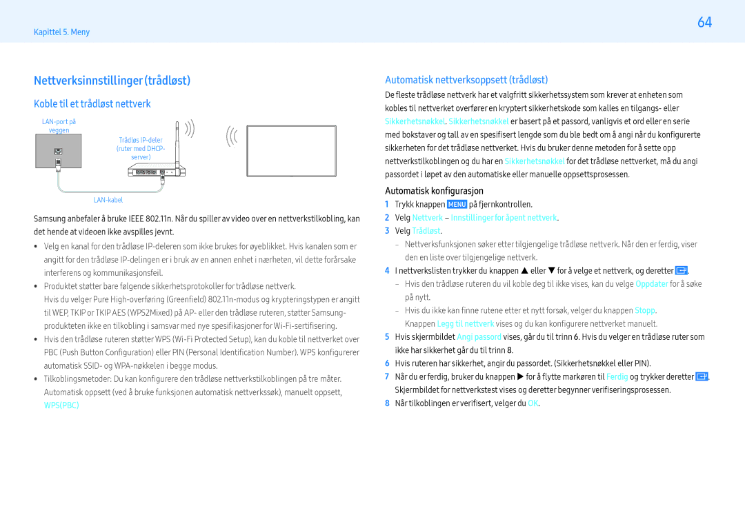 Samsung LH55PHFPMGC/EN, LH49PMFPBGC/EN, LH55PHFPBGC/EN manual Nettverksinnstillinger trådløst, Koble til et trådløst nettverk 