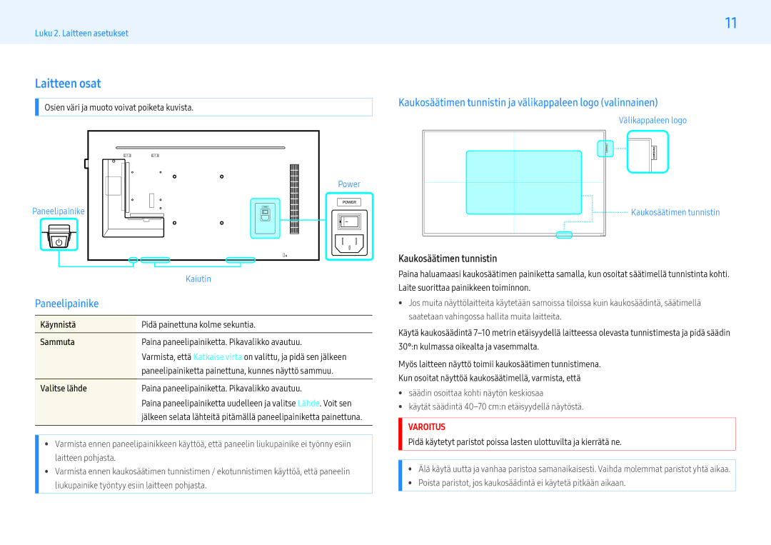 Samsung LH55PHFPBGC/EN manual Laitteen osat, Paneelipainike, Kaukosäätimen tunnistin ja välikappaleen logo valinnainen 