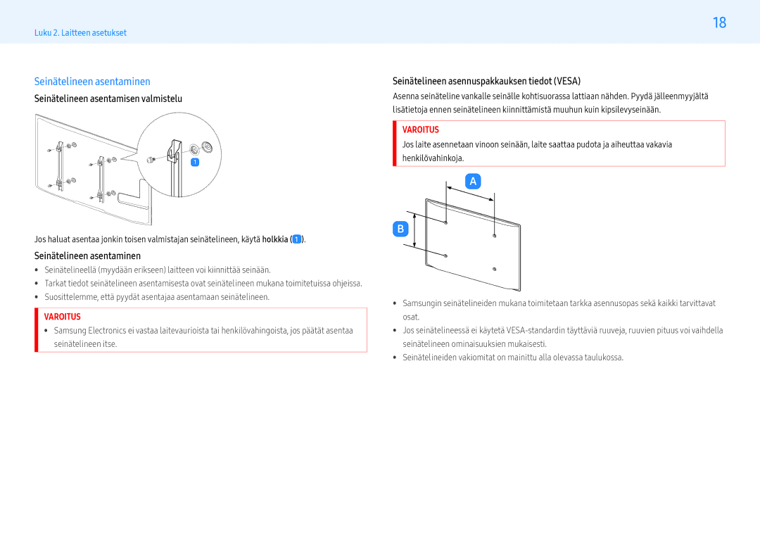 Samsung LH49PMFPBGC/EN, LH55PHFPMGC/EN, LH55PHFPBGC/EN manual Seinätelineen asentaminen, Seinätelineen asentamisen valmistelu 