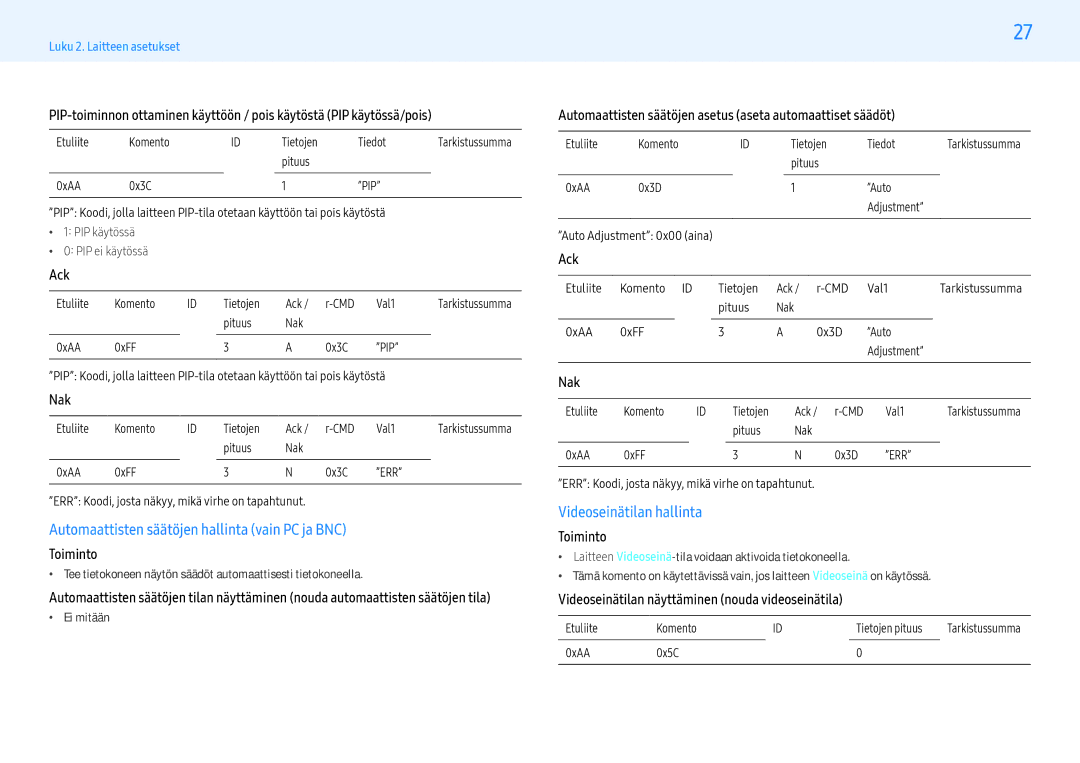 Samsung LH49PMFPBGC/EN, LH55PHFPMGC/EN manual Automaattisten säätöjen hallinta vain PC ja BNC, Videoseinätilan hallinta 