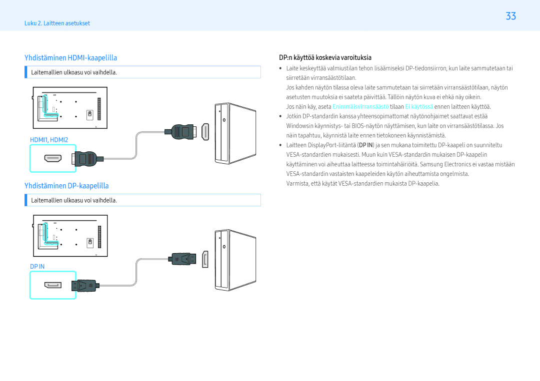 Samsung LH55PMFPBGC/EN manual Yhdistäminen HDMI-kaapelilla, Yhdistäminen DP-kaapelilla, DPn käyttöä koskevia varoituksia 