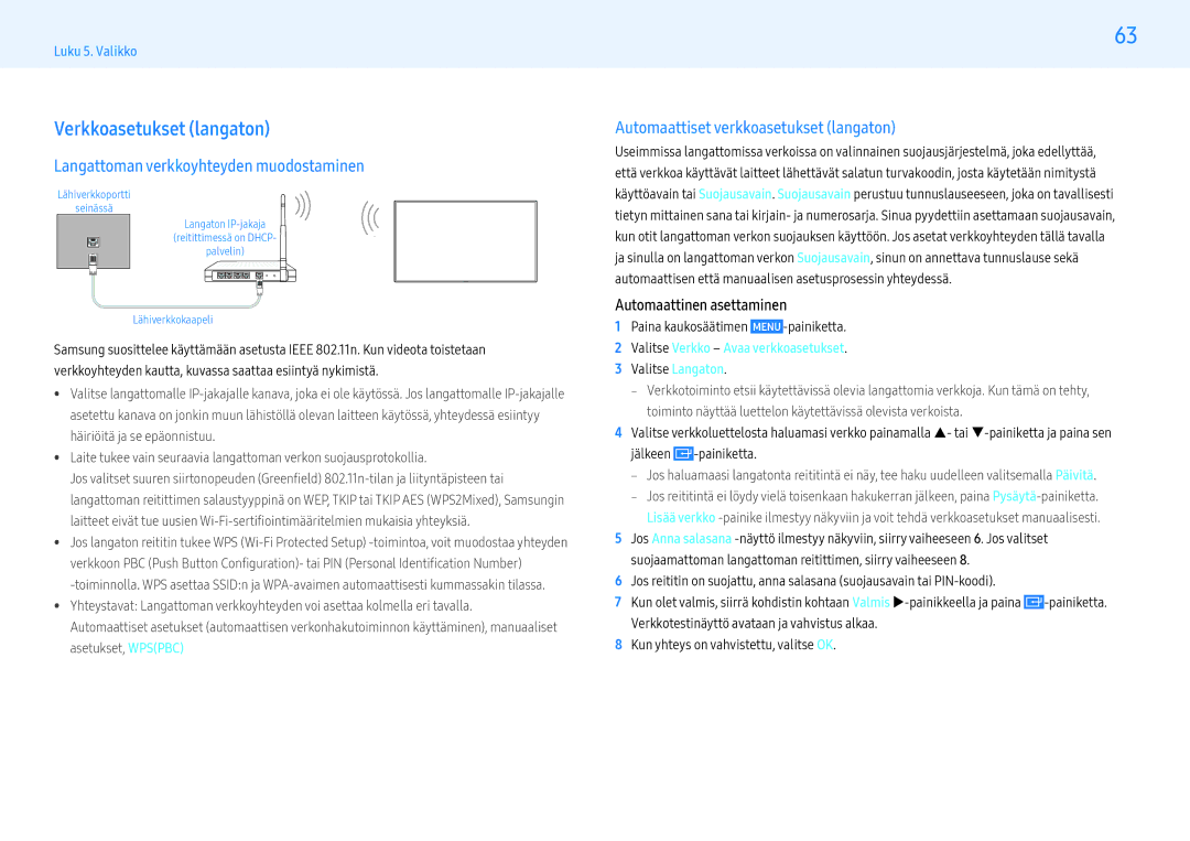 Samsung LH49PMFPBGC/EN manual Verkkoasetukset langaton, Langattoman verkkoyhteyden muodostaminen, Valitse Langaton 