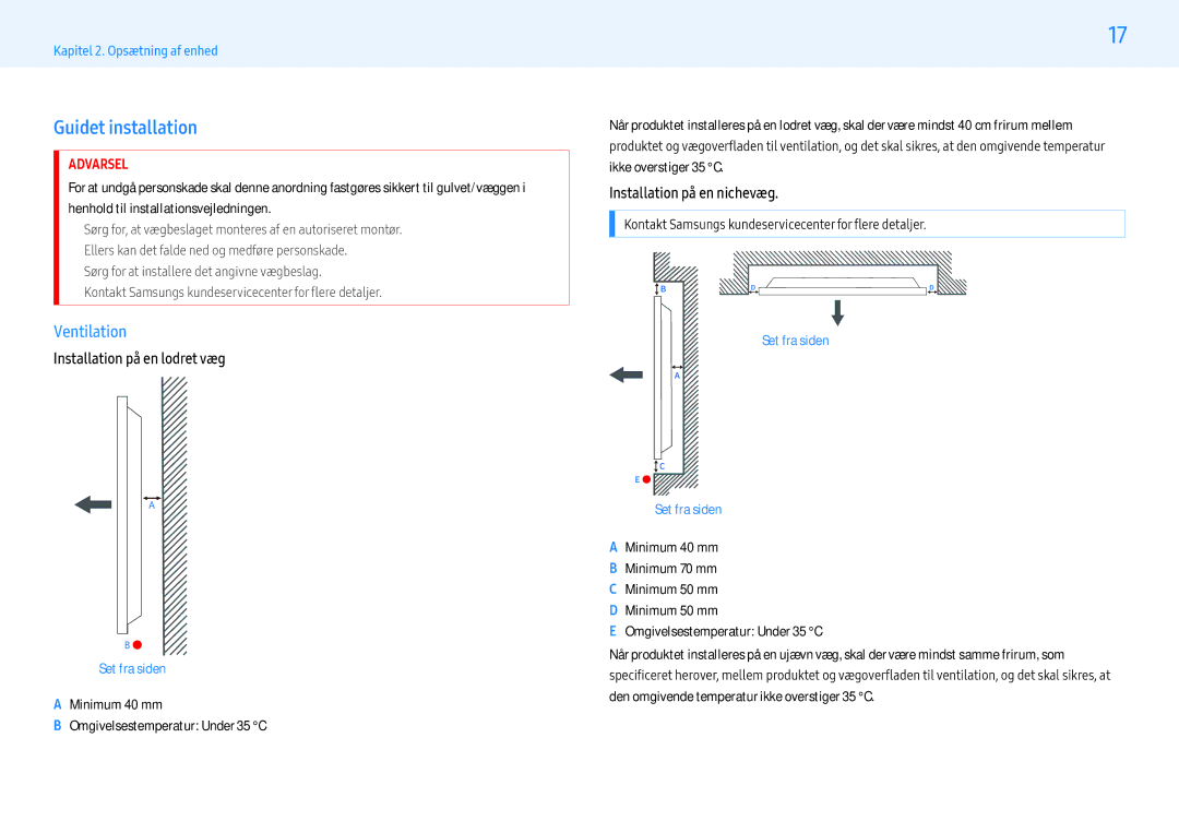 Samsung LH32PMFPBGC/EN manual Guidet installation, Ventilation, Installation på en lodret væg, Installation på en nichevæg 