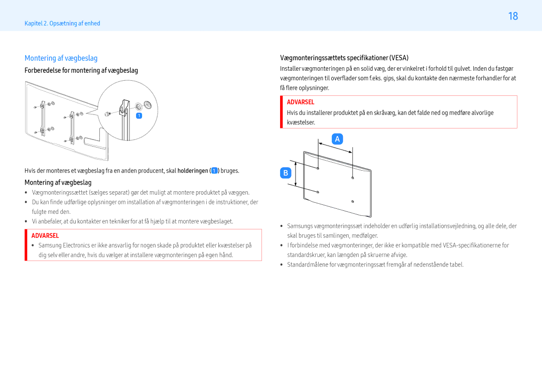 Samsung LH49PMFPBGC/EN, LH55PHFPMGC/EN, LH55PHFPBGC/EN manual Montering af vægbeslag, Forberedelse for montering af vægbeslag 