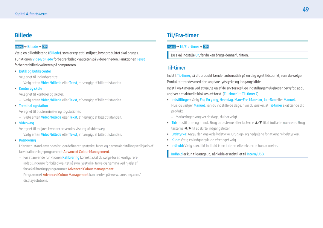 Samsung LH43PHFPMGC/EN, LH49PMFPBGC/EN, LH55PHFPMGC/EN, LH55PHFPBGC/EN, LH43PHFPBGC/EN manual Billede, Til/Fra-timer, Til-timer 