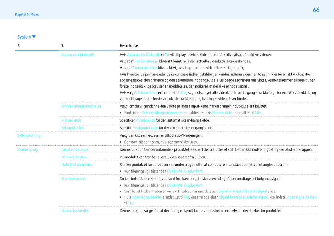 Samsung LH43PHFPBGC/EN, LH49PMFPBGC/EN, LH55PHFPMGC/EN, LH55PHFPBGC/EN manual Beskrivelse, Strømstyring Tænd automatisk 