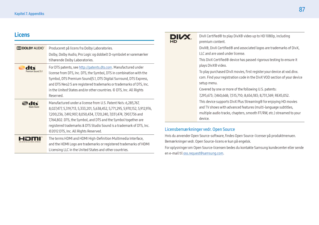 Samsung LH55PMFPBGC/EN, LH49PMFPBGC/EN, LH55PHFPMGC/EN, LH55PHFPBGC/EN manual Licensbemærkningervedr. Open Source 