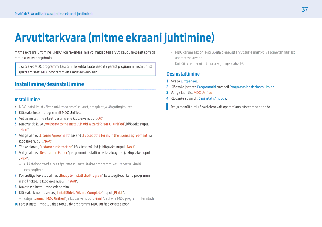 Samsung LH55PHFPMGC/EN manual Arvutitarkvara mitme ekraani juhtimine, Installimine/desinstallimine, Desinstallimine 