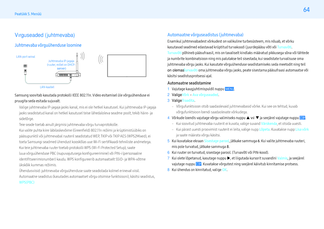 Samsung LH55PHFPMGC/EN Võrguseaded juhtmevaba, Juhtmevaba võrguühenduse loomine, Automaatne võrguseadistus juhtmevaba 