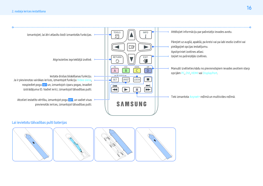 Samsung LH43PMFPBGC/EN, LH49PMFPBGC/EN, LH55PHFPMGC/EN, LH55PHFPBGC/EN manual Lai ievietotu tālvadības pultī baterijas 