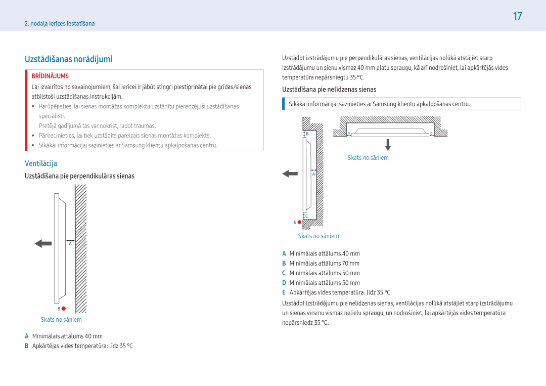 Samsung LH32PMFPBGC/EN, LH49PMFPBGC/EN manual Uzstādīšanas norādījumi, Ventilācija, Uzstādīšana pie perpendikulāras sienas 