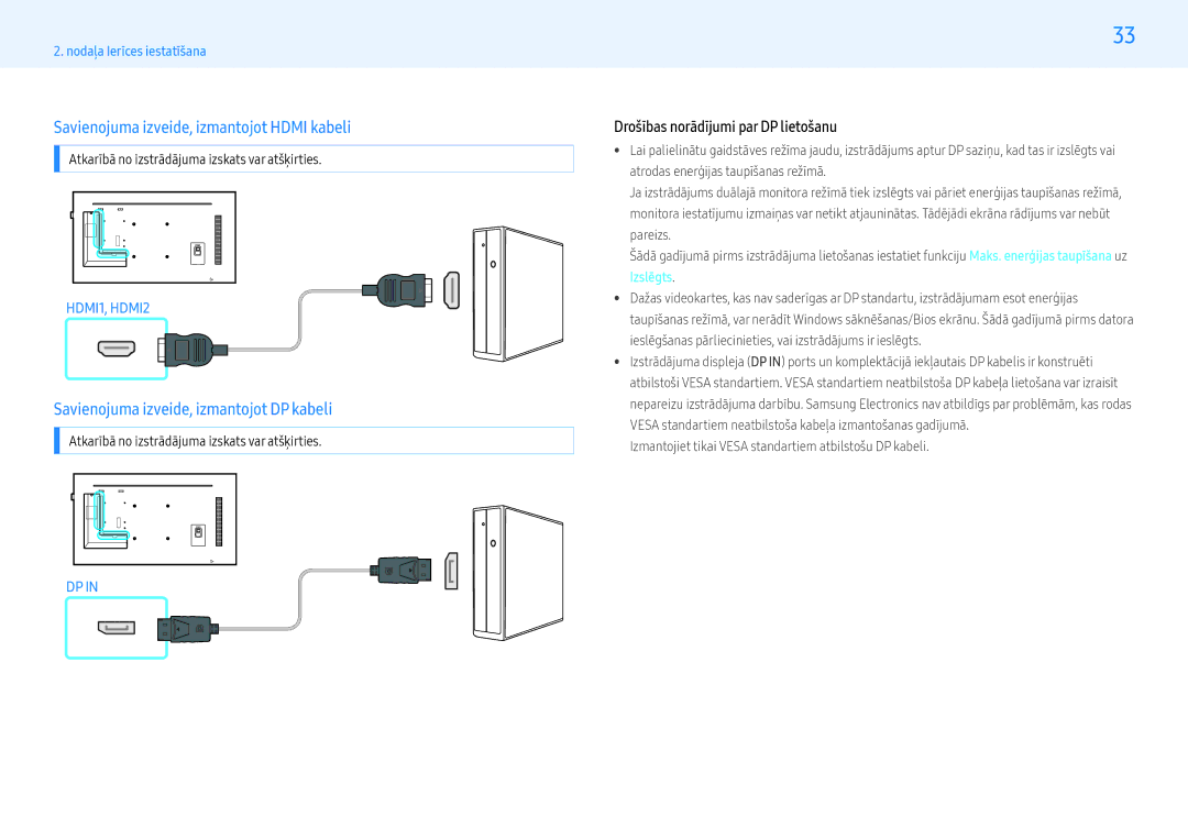 Samsung LH55PMFPBGC/EN manual Savienojuma izveide, izmantojot Hdmi kabeli, Savienojuma izveide, izmantojot DP kabeli 