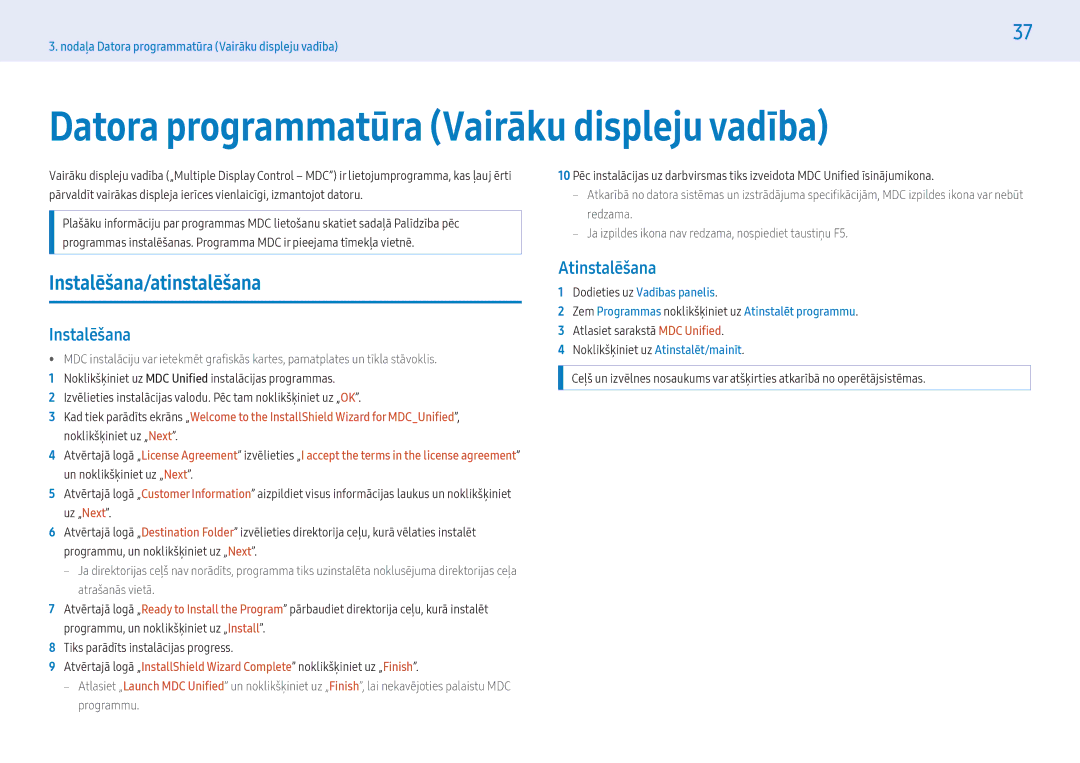 Samsung LH55PHFPMGC/EN manual Datora programmatūra Vairāku displeju vadība, Instalēšana/atinstalēšana, Atinstalēšana 