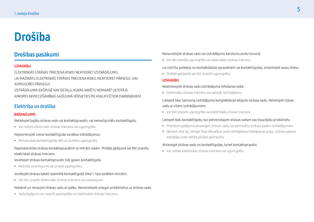 Samsung LH49PHFPBGC/EN, LH49PMFPBGC/EN, LH55PHFPMGC/EN, LH55PHFPBGC/EN manual Drošības pasākumi, Elektrība un drošība 