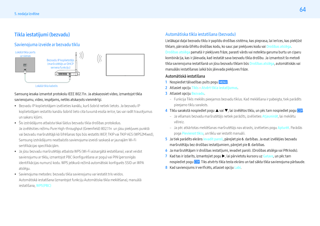 Samsung LH55PHFPMGC/EN, LH49PMFPBGC/EN, LH55PHFPBGC/EN manual Tīkla iestatījumi bezvadu, Savienojuma izveide ar bezvadu tīklu 