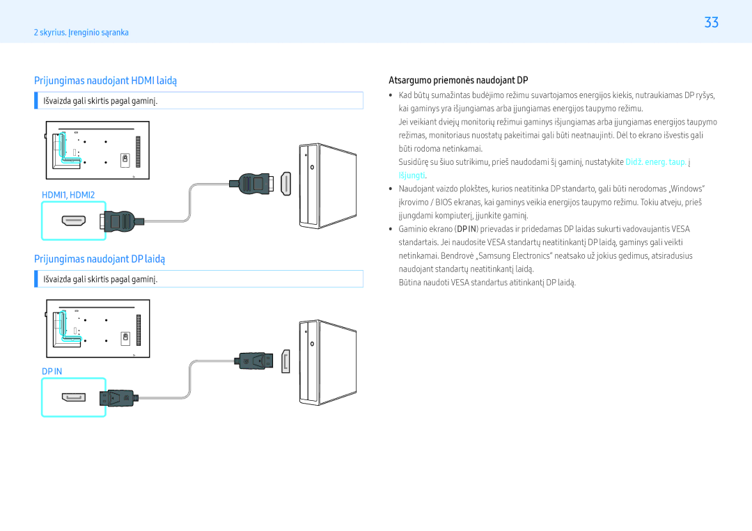 Samsung LH55PMFPBGC/EN Prijungimas naudojant Hdmi laidą, Prijungimas naudojant DP laidą, Atsargumo priemonės naudojant DP 