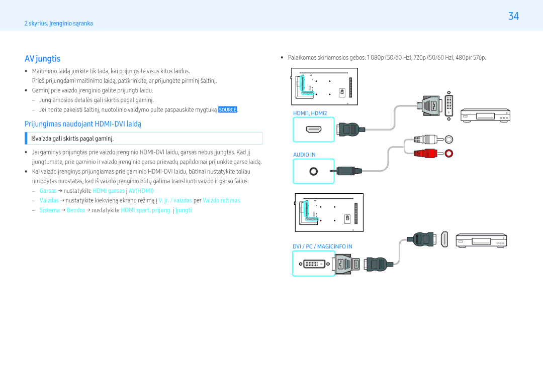 Samsung LH43PMFPBGC/EN, LH49PMFPBGC/EN, LH55PHFPMGC/EN manual AV jungtis, ‒‒ Garsas → nustatykite Hdmi garsas į Avhdmi 