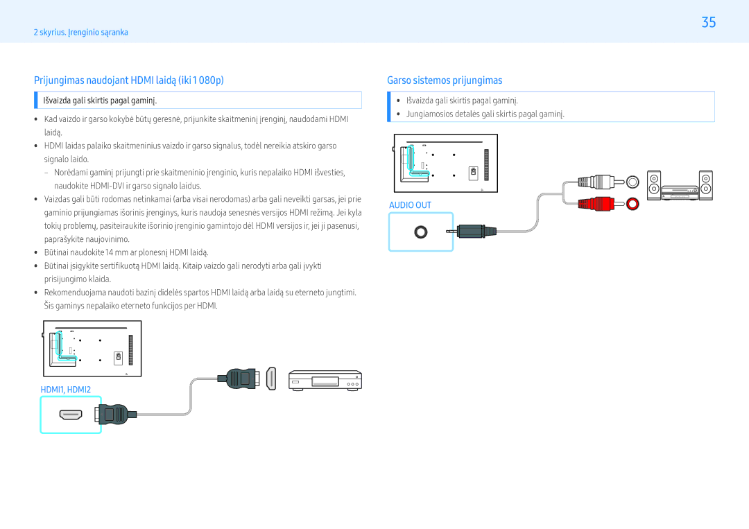 Samsung LH32PMFPBGC/EN, LH49PMFPBGC/EN manual Prijungimas naudojant Hdmi laidą iki 1 080p, Garso sistemos prijungimas 