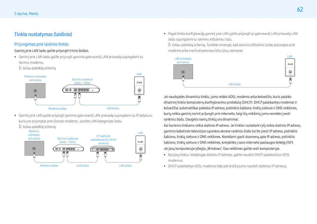 Samsung LH32PMFPBGC/EN, LH49PMFPBGC/EN, LH55PHFPMGC/EN manual Tinklo nustatymas laidinio, Prijungimas prie laidinio tinklo 