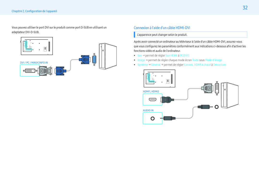 Samsung LH55PHFPBGC/EN, LH49PMFPBGC/EN manual Connexion à laide dun câble HDMI-DVI,  Son → permet de régler Son HDMI à PCDVI 