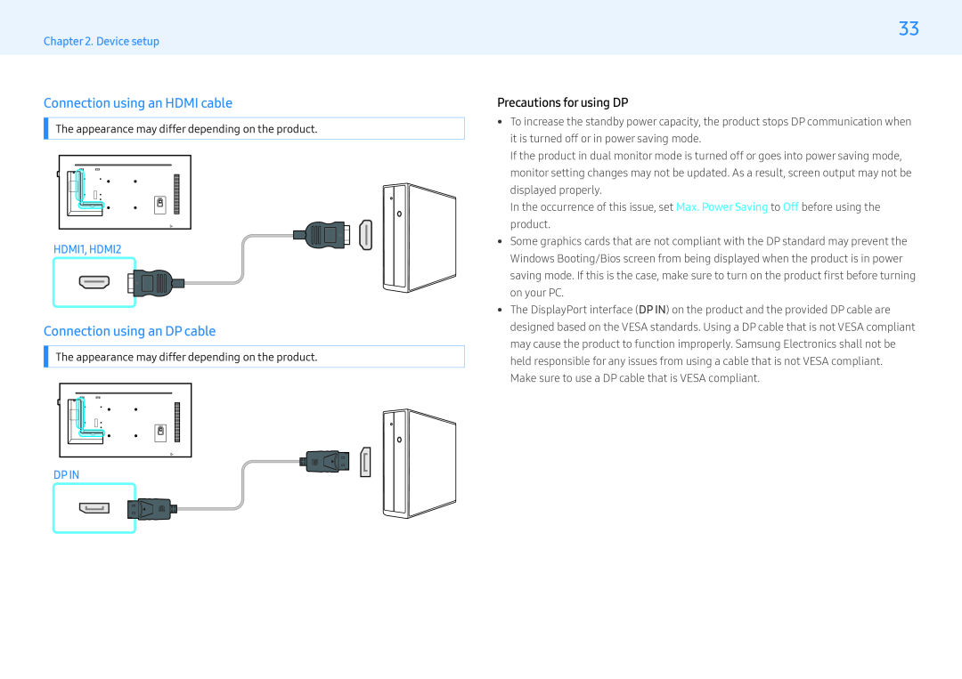 Samsung LH43PHFPBGC/EN manual Connection using an HDMI cable, Connection using an DP cable, Precautions for using DP, Dp In 