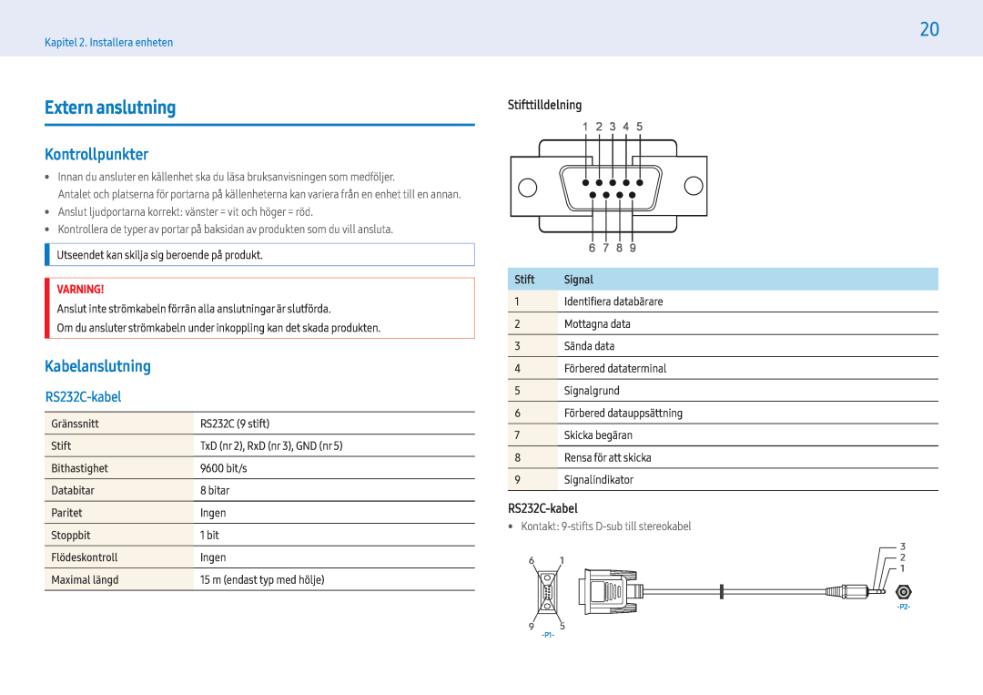 Samsung LH55PHFPBGC/EN Extern anslutning, Kontrollpunkter, Kabelanslutning RS232C-kabel, Kapitel 2. Installera enheten 