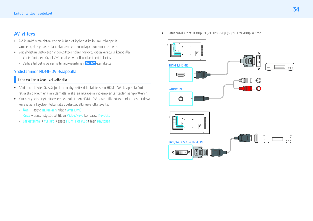 Samsung LH43PMFPBGC/EN, LH49PMFPBGC/EN AV-yhteys, Yhdistäminen HDMI-DVI-kaapelilla, Luku 2. Laitteen asetukset, Audio In 
