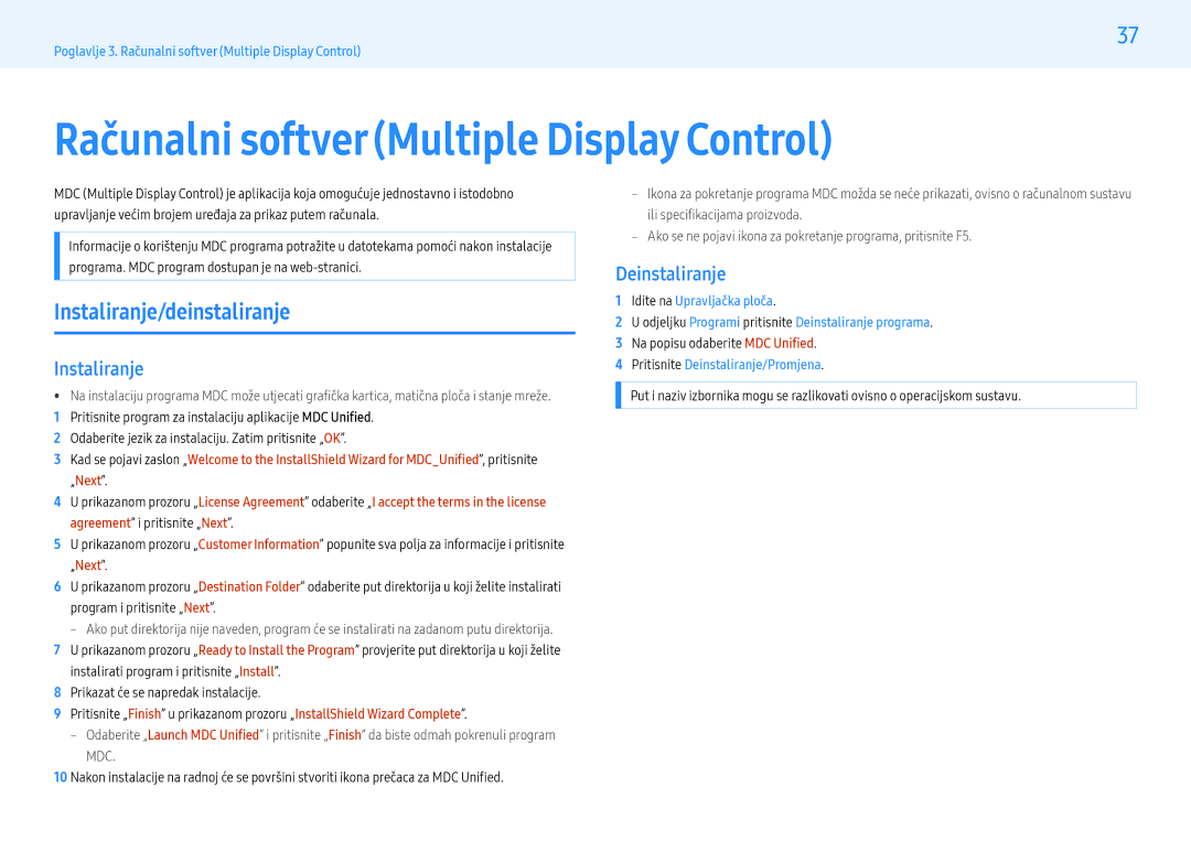 Samsung LH55PHFPBGC/EN manual Računalni softver Multiple Display Control, Instaliranje/deinstaliranje, Deinstaliranje 