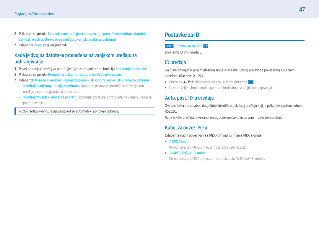 Samsung LH43PMFPBGC/EN, LH49PMFPBGC/EN manual Postavke za ID, ID uređaja, Auto. post. ID-a uređaja, Kabel za povez. PC-a 
