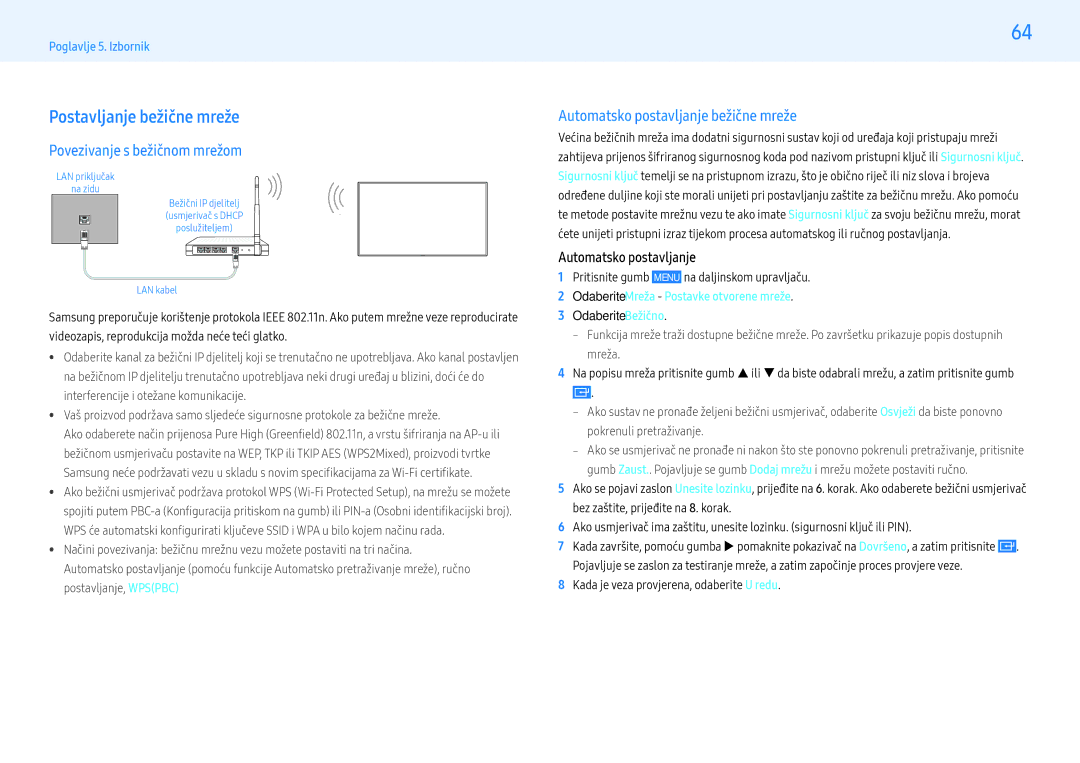 Samsung LH55PHFPMGC/EN Postavljanje bežične mreže, Povezivanje s bežičnom mrežom, Automatsko postavljanje bežične mreže 