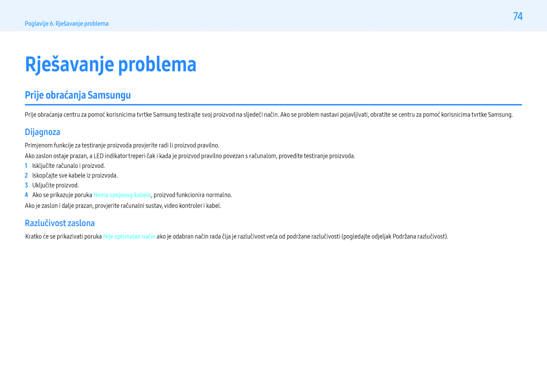 Samsung LH55PMFPBGC/EN, LH49PMFPBGC/EN manual Rješavanje problema, Prije obraćanja Samsungu, Dijagnoza, Razlučivost zaslona 