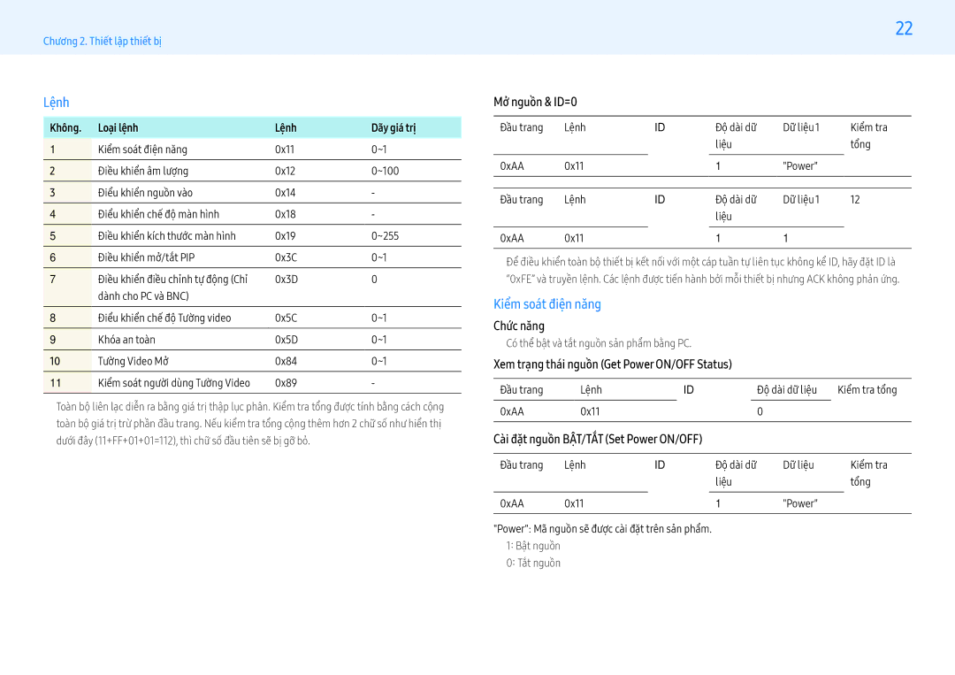 Samsung LH43PMHPBGC/XV, LH49PMHPBGC/XV, LH43PMFPBGC/XV, LH55PMHPBGC/XV manual Lệnh, Kiểm soá́t điệ̣n năng 