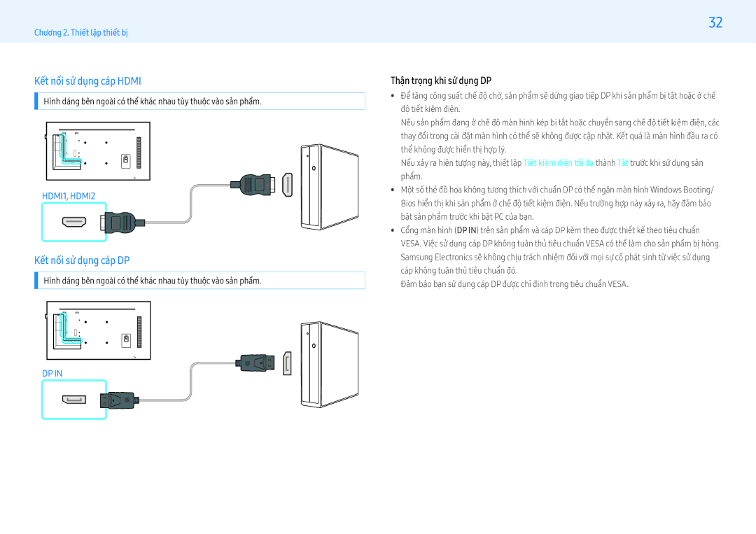 Samsung LH49PMHPBGC/XV, LH43PMFPBGC/XV manual Kết nối sử dụng cáp Hdmi, Kết nối sử dụng cáp DP, Thân trọng khi sư dung DP 