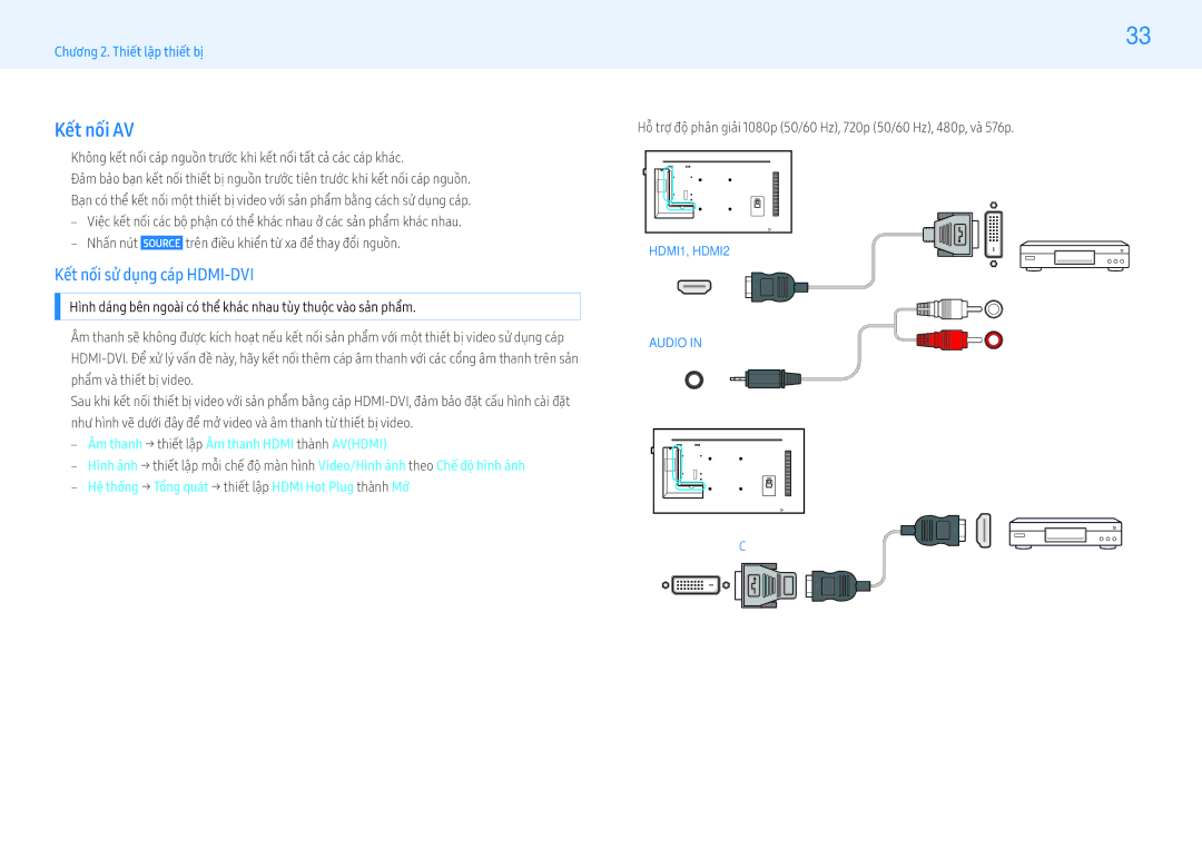 Samsung LH43PMFPBGC/XV, LH49PMHPBGC/XV, LH43PMHPBGC/XV manual Kết nối AV, ‒‒ Âm thanh → thiế́t lập Âm thanh Hdmi thành Avhdmi 