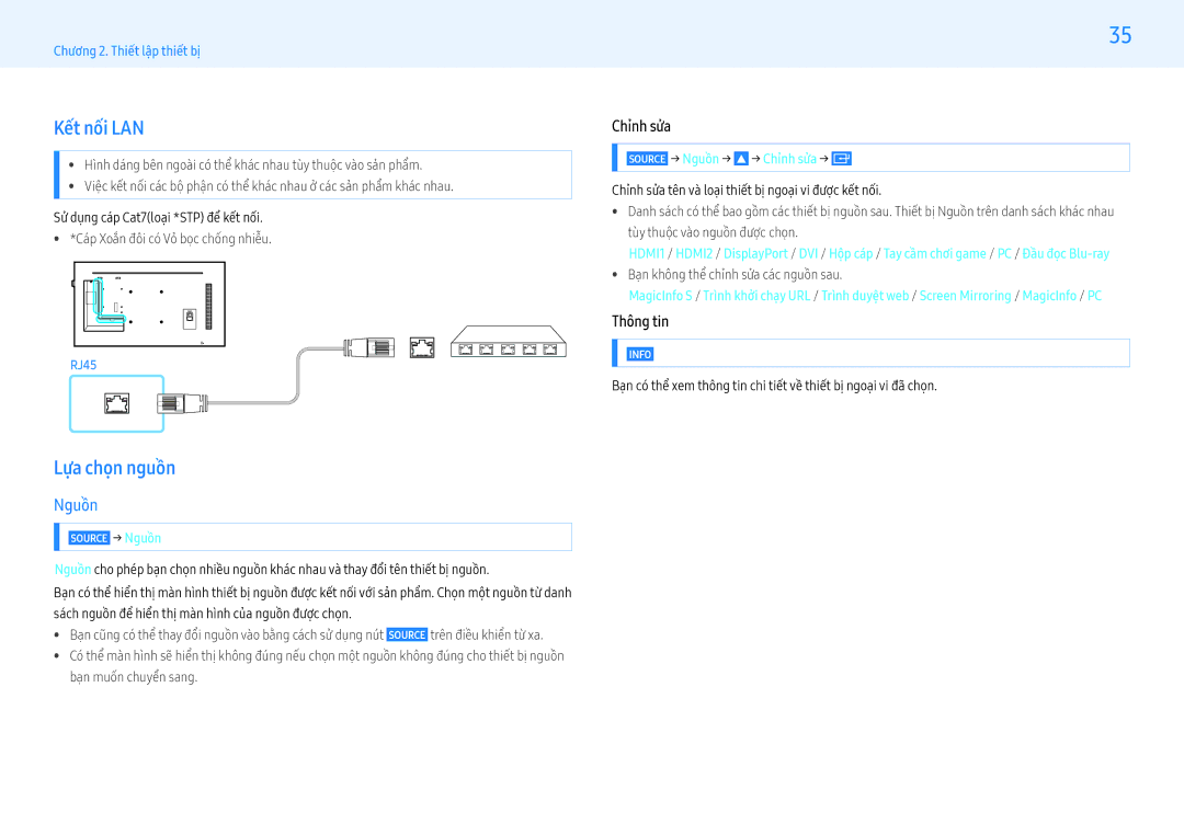 Samsung LH55PMHPBGC/XV, LH49PMHPBGC/XV, LH43PMFPBGC/XV manual Kết nối LAN, Lựa chọn nguồn, Nguồn, Chỉnh sửa, Thông tin 