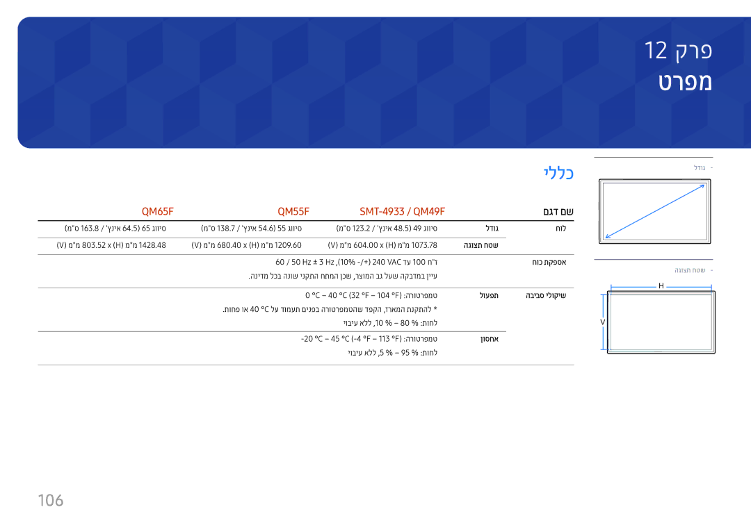 Samsung LH65QMFPLGC/CH, LH49QMFPLGC/CH, LH55QMFPLGC/CH, LH98QMFPLGC/CH manual טרפמ, יללכ, 106, םגד םש 