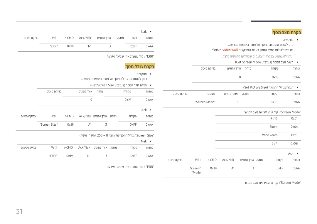 Samsung LH98QMFPLGC/CH manual ךסמ בצמ תרקב, Get Screen Size Status ךסמה לדוג תגצה, Get Screen Mode Status ךסמה בצמ תגצה 