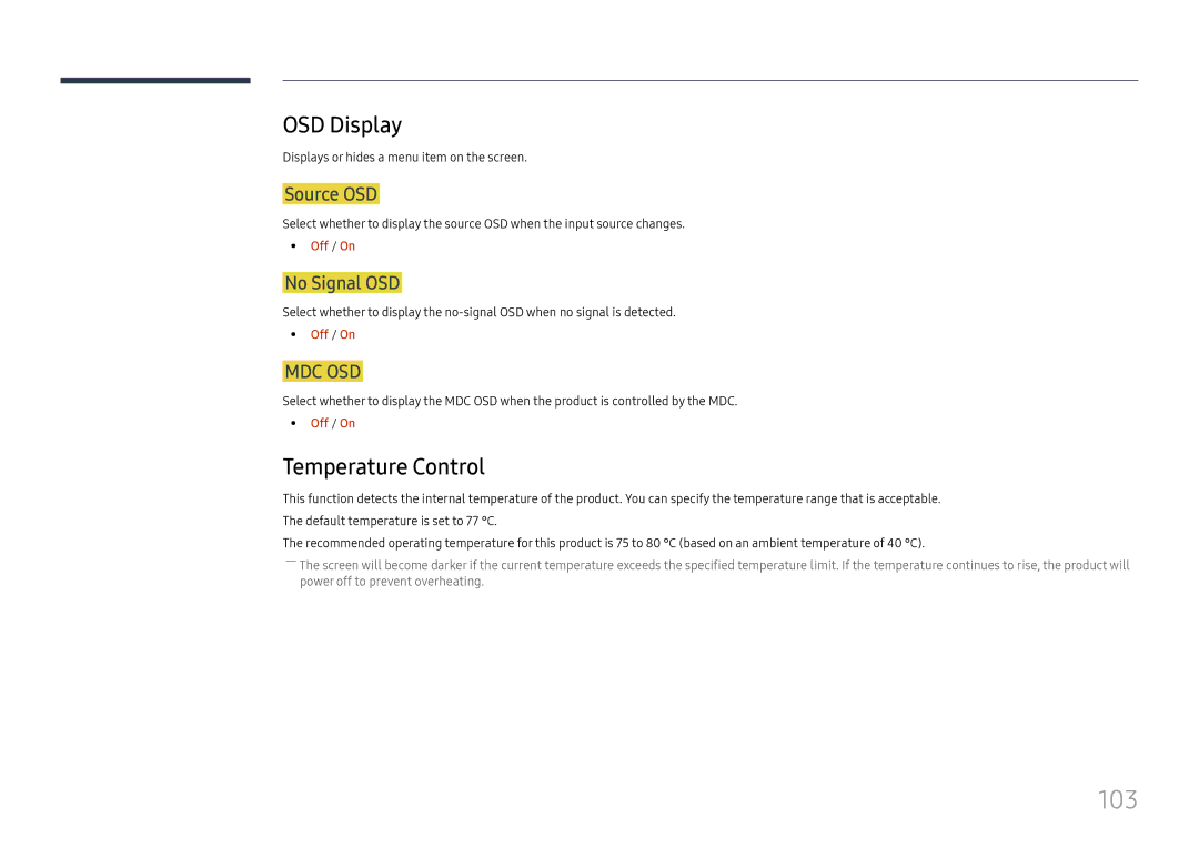 Samsung LH49RMHELGW/EN manual 103, OSD Display, Temperature Control, Source OSD, No Signal OSD 