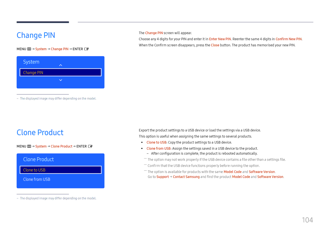 Samsung LH49RMHELGW/EN manual Change PIN, Clone Product, 104, Clone from USB 