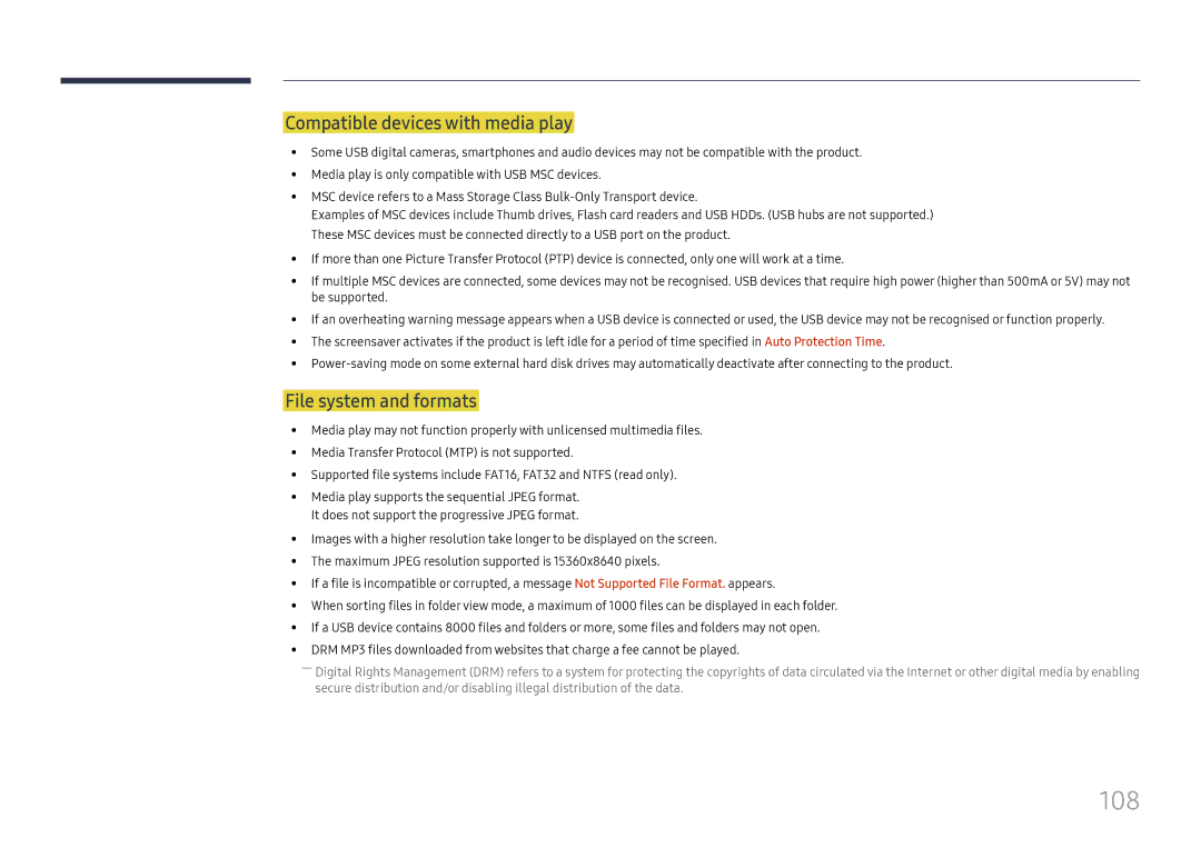 Samsung LH49RMHELGW/EN manual 108, Compatible devices with media play, File system and formats 