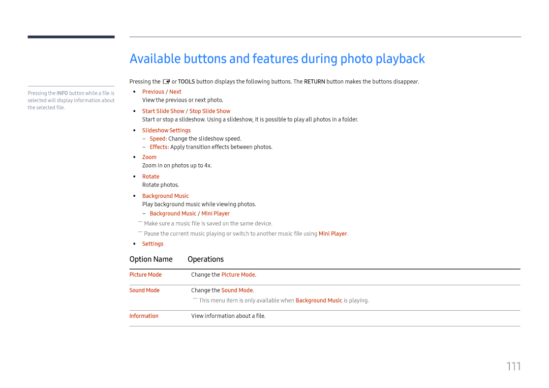 Samsung LH49RMHELGW/EN manual Available buttons and features during photo playback, 111 