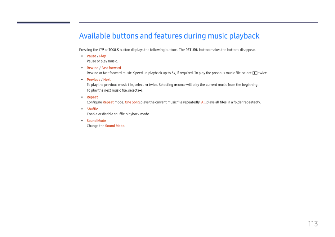 Samsung LH49RMHELGW/EN manual Available buttons and features during music playback, 113, Repeat, Shuffle 