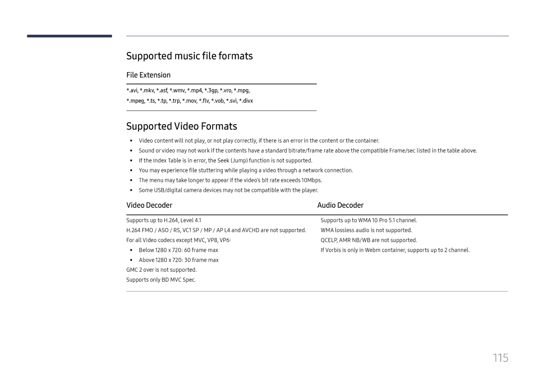 Samsung LH49RMHELGW/EN manual 115, Supported music file formats, Supported Video Formats, File Extension, Video Decoder 