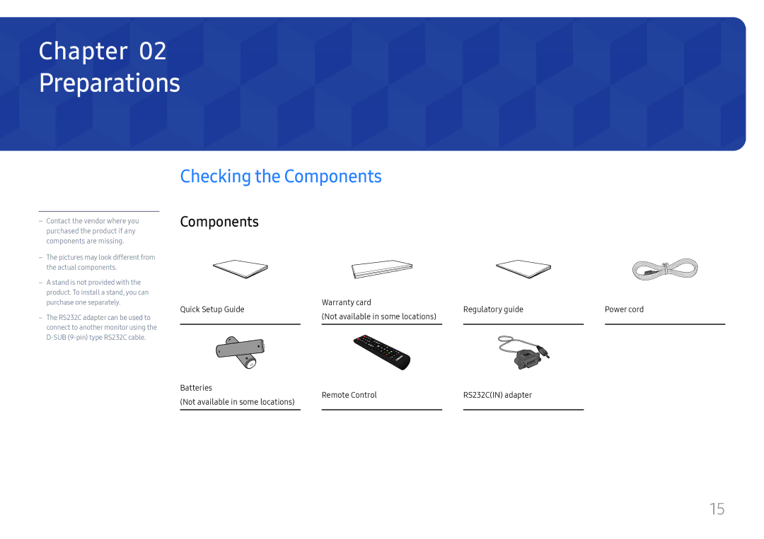 Samsung LH49RMHELGW/EN Preparations, Checking the Components, Quick Setup Guide Warranty card Regulatory guide Power cord 