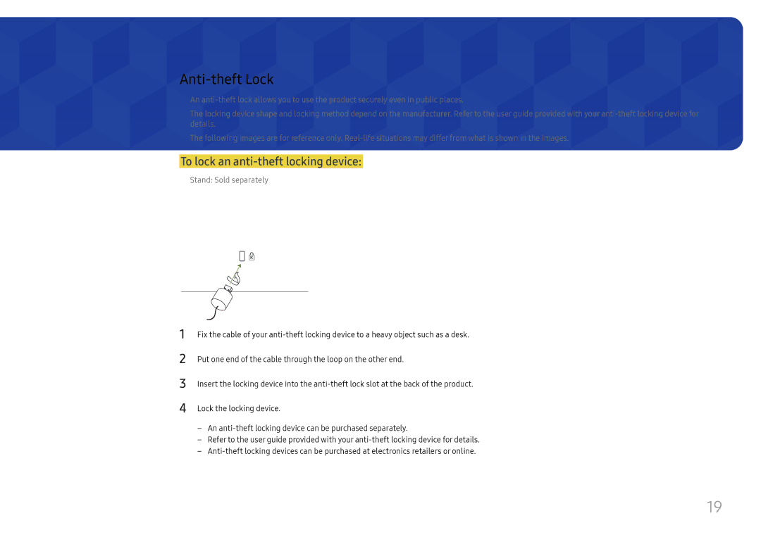 Samsung LH49RMHELGW/EN manual Anti-theft Lock, To lock an anti-theft locking device 