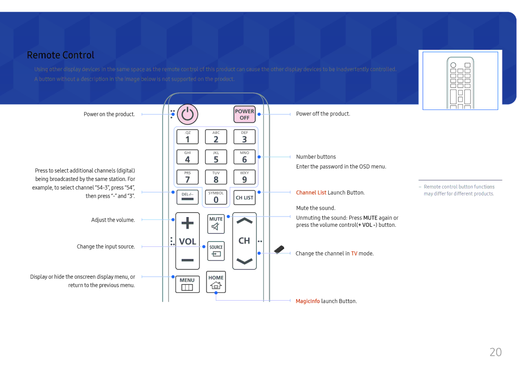 Samsung LH49RMHELGW/EN manual Remote Control, Change the channel in TV mode MagicInfo launch Button 