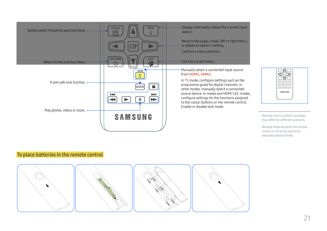 Samsung LH49RMHELGW/EN manual To place batteries in the remote control 